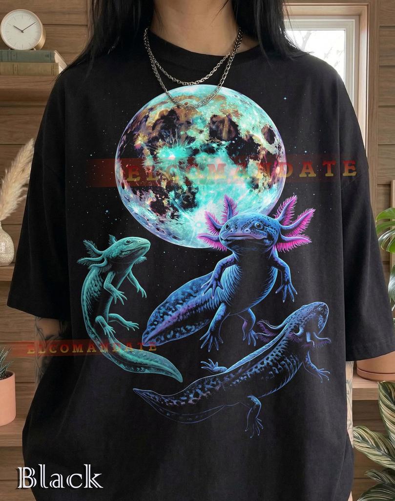 Axolotl Cosmic Moon Space Galaxy Comfort Colors® Tshirt, Amphibian Lover Glowing Salamander Starry Universe Mystical Animal Nature Tee