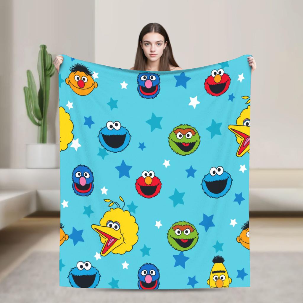 Cookie Monster Sesamets Knitted Blanket Flannel Throw Blanket Bedroom Sofa Printed Ultra-Soft Warm Bedspreads