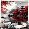 Japanese Red Maple Tapestry, Black And White Fuji With Red Trees And Pagoda By Lake Print Wall Hanging For Bedroom Living Room