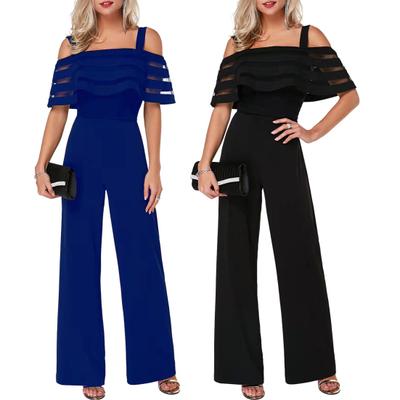 Women Jumpsuit Sexy Off Shoulder See-through Mesh  Solid Color Strappy Summer Ladies Casual Wide Leg Pants Long Romper Overall Womenswear