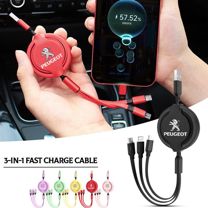 1Pcs Car Mounted Telescopic Three in One Mobile Phone Charger For Peugeot 308 408 508 RCZ 208 3008 2008 206 207 108 406 407 408 206 207 208 306 307
