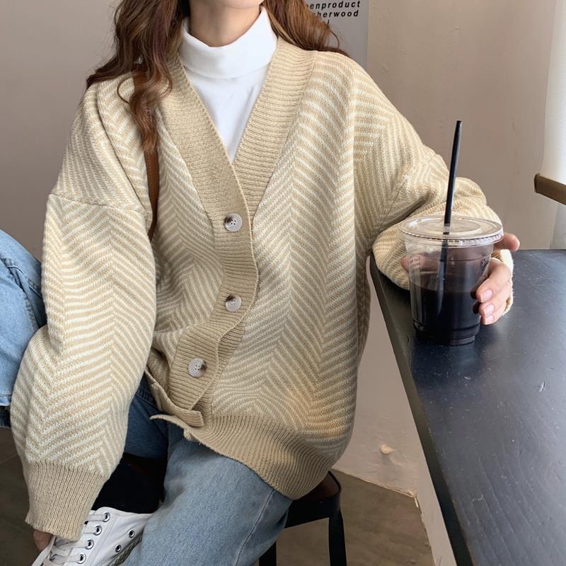 Women's Knitwear Autumn Winter Striped V-Neck Cardigans Buttons Oversize Lady Sweaters Vintage Tops