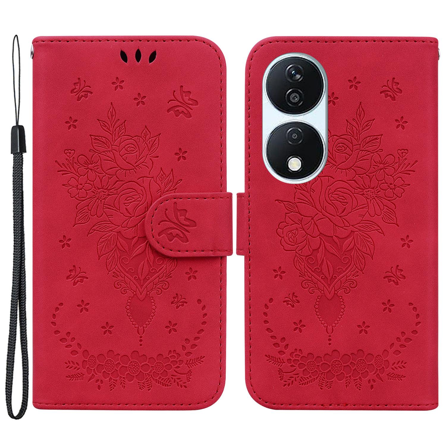 

For Honor X7b 4G/90 Smart/Play 50 Plus 5G Leather Case Wallet Cover Rose Butterfly Imprinted E