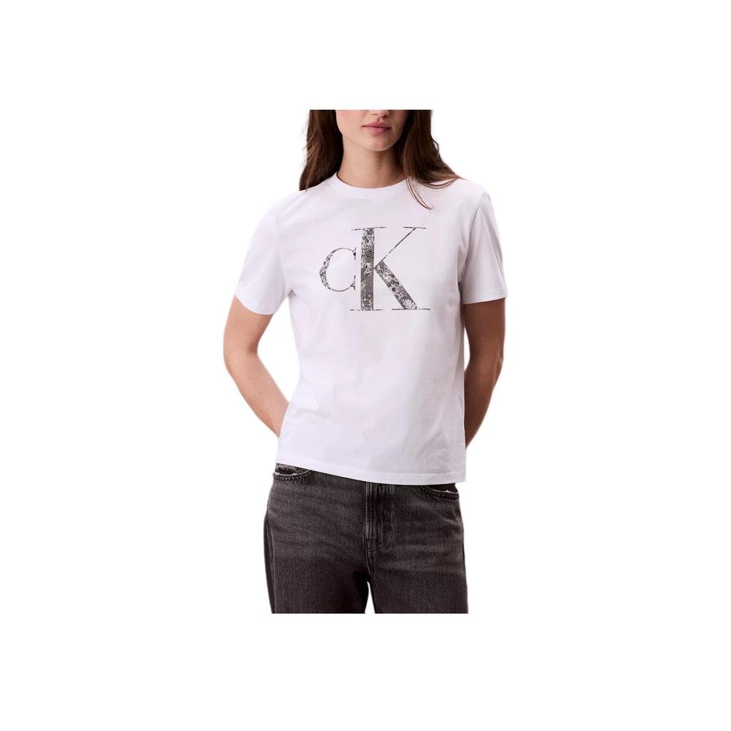 Calvin Klein Letter Floral Soft Breathable Slim Fit Short Sleeve T-Shirt Women T-Shirts Bright-White 478000S-110