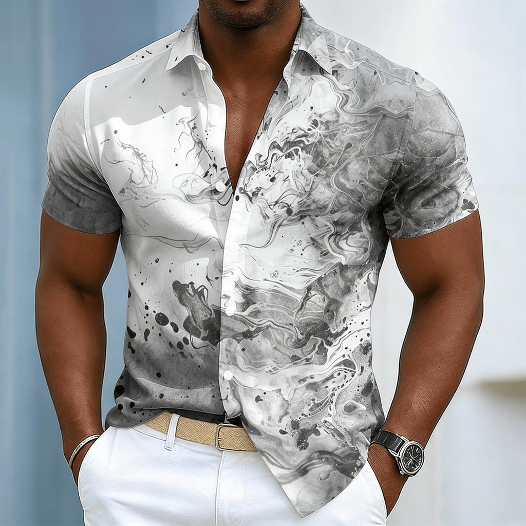 Heren Inktwerveling Kunstprint Korte Mouw Shirt, Casual Abstract Vloeibaar Patroon Knoopsluiting voor Lente Zomer