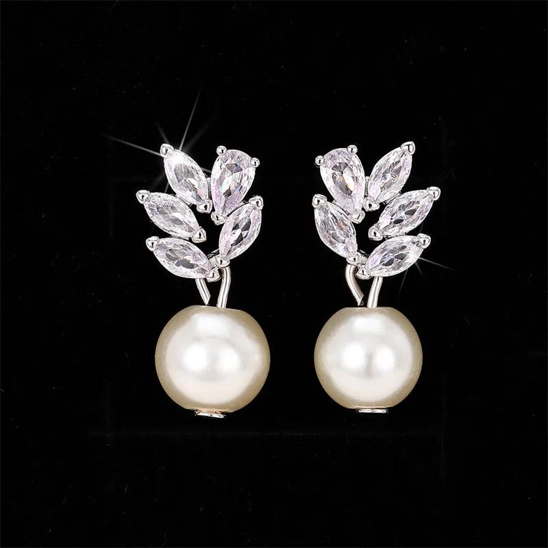 Huitan New Trend Imitation Pearl Dangle Earring for Women Luxury Silver Bling Cubic Zirconia Fashion Elegant Lady Jewelry