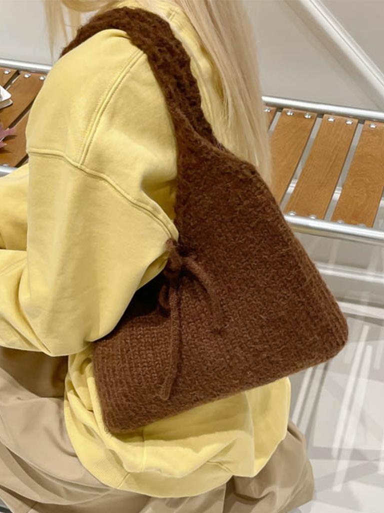 Autumn Winter Red Knitted Shoulder Bags Women's Korean Style Large Capacity Bow Knot Underarm Bag Solid Color Versatile Handbags