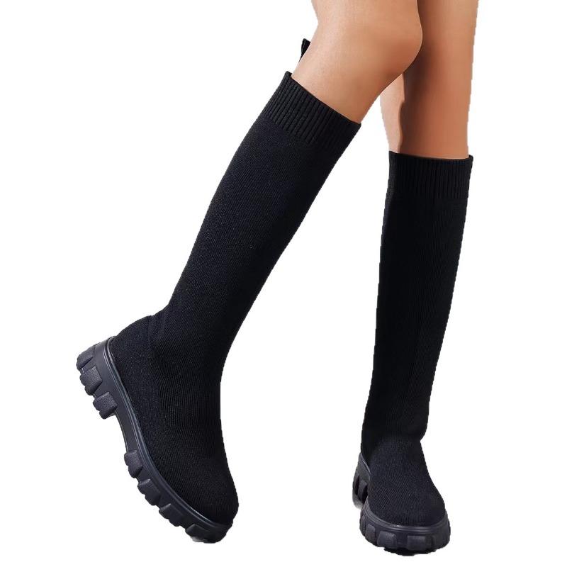 Women's Wide Width Knitted Sock Boots, Round Toe Chunky Heel Martin Boots, European Winter Booties for Women