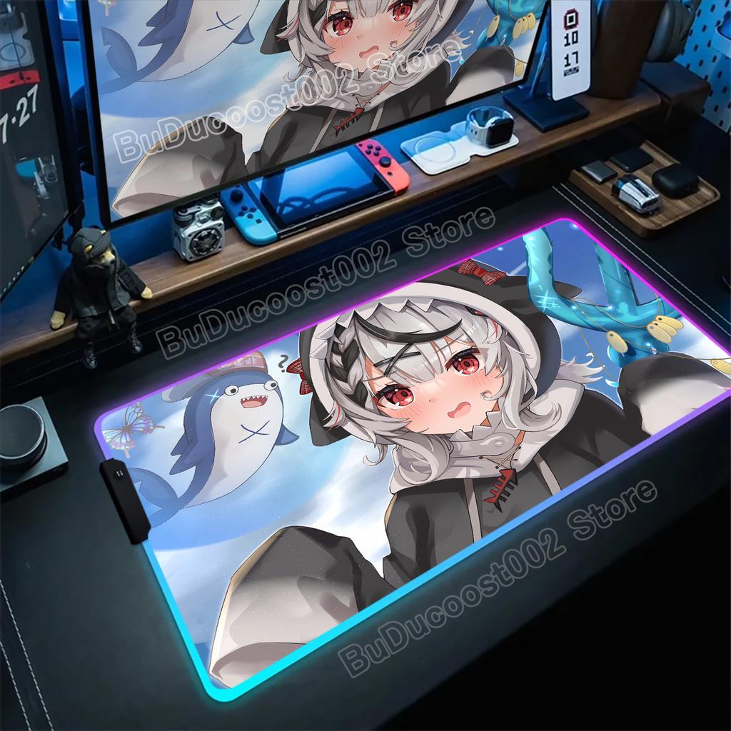 Hololive Gawr Gura RGB Mouse Pad Glowing Large Computer Mouse Pad Accessories XXL Pc Gamer HD Non-slip Deskmat Mousepad Keyboard