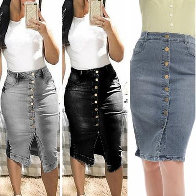 Fustă de vară din denim pentru femei Design elegant cu nasturi Fuste cu crăpătură în față