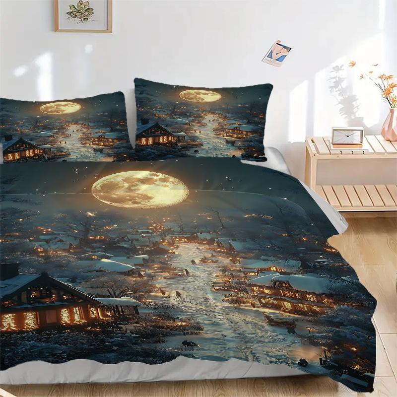 

3pc Winter Wonderland Moonlit Village Home Decor Bedding Set-Festive Gift for Fans,Travelers & Daily Use 1126a 135x200cm