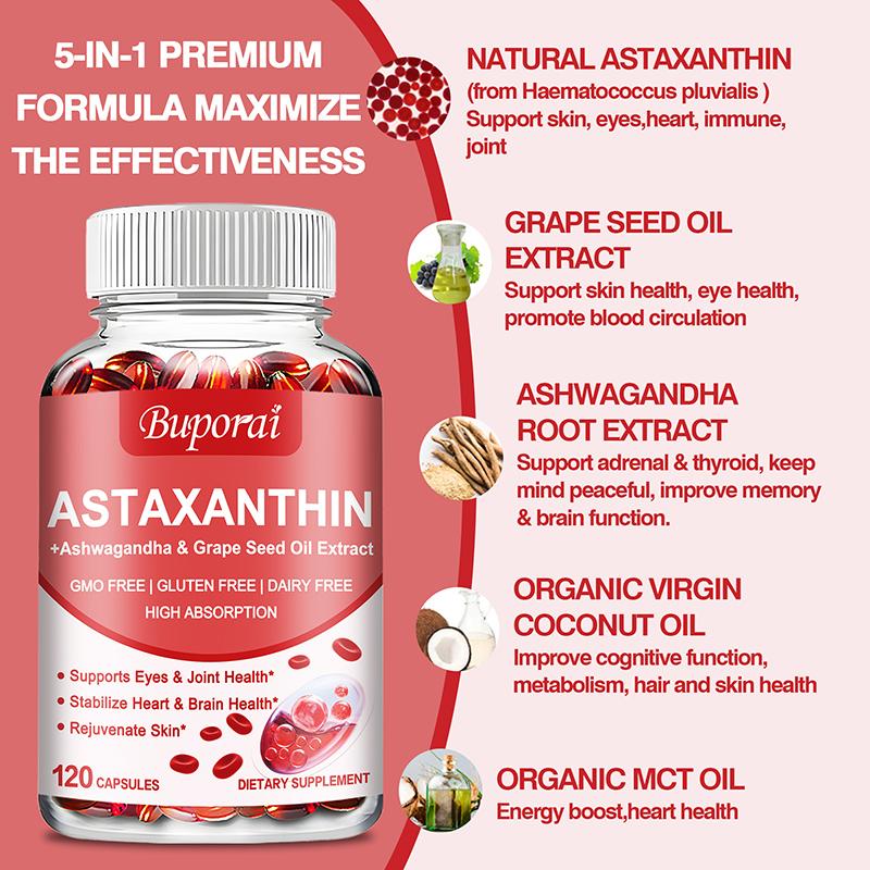 Buporai Astaxanthin Supplement Capsules - Eye, Joint, Heart, and Brain Health