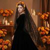 Gothic Style Hair Hoop Hollow See-Through Lace Headband with Simulated Flowers and Black Lace Veil Halloween Day of the