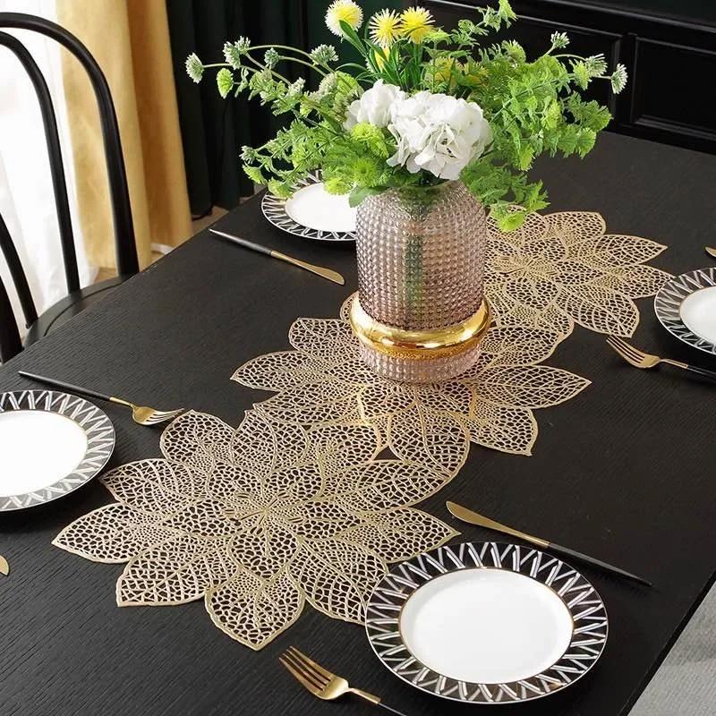 Flower Shaped Placemat PVC Hollow Out Placemat Heat Resistant Non Slip Table Mat Dining Table Decor Table Decoration&Accessories