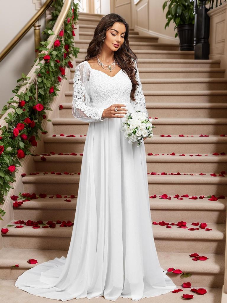 Elegantes Abendkleid mit langen Ärmeln aus Spitze Hochzeits- und Bankettkleid