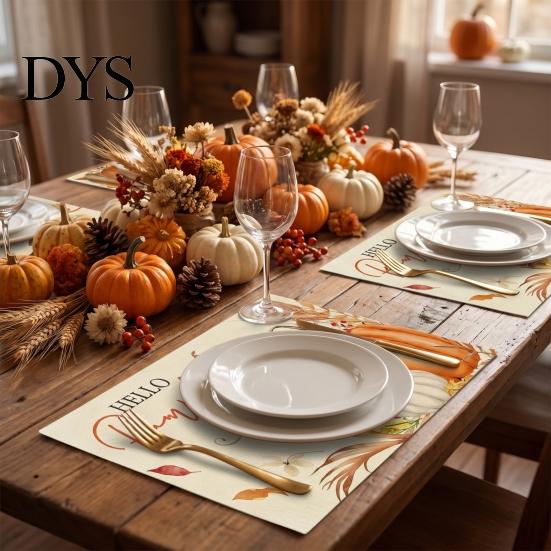Thanksgiving Dining Table Decor Autumn Placemats, Pumpkin Gnome Skeleton Turkey Printed Mats, Heat Resistant Home Gifts Washable Place Harvest