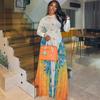 European and American Style Ins Fashion Splicing Women's Clothing Printing Street Commuting A-shaped Skirt Round Neck Long Sleeve Waist Dress