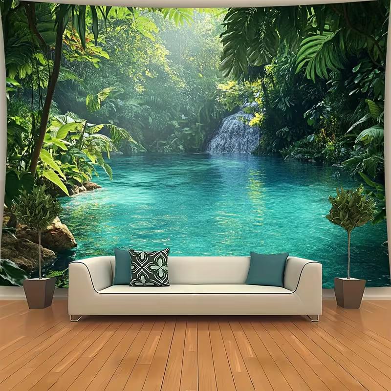 2D Lush Rainforest Waterfall Wall Tapestry Tropical Nature Background Cloth for Home