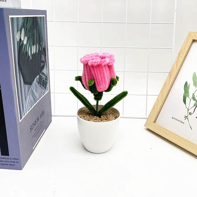 Multi Colored Plush Twisted Rod Rose Potted Desktop Decoration Ornament For Office Decor