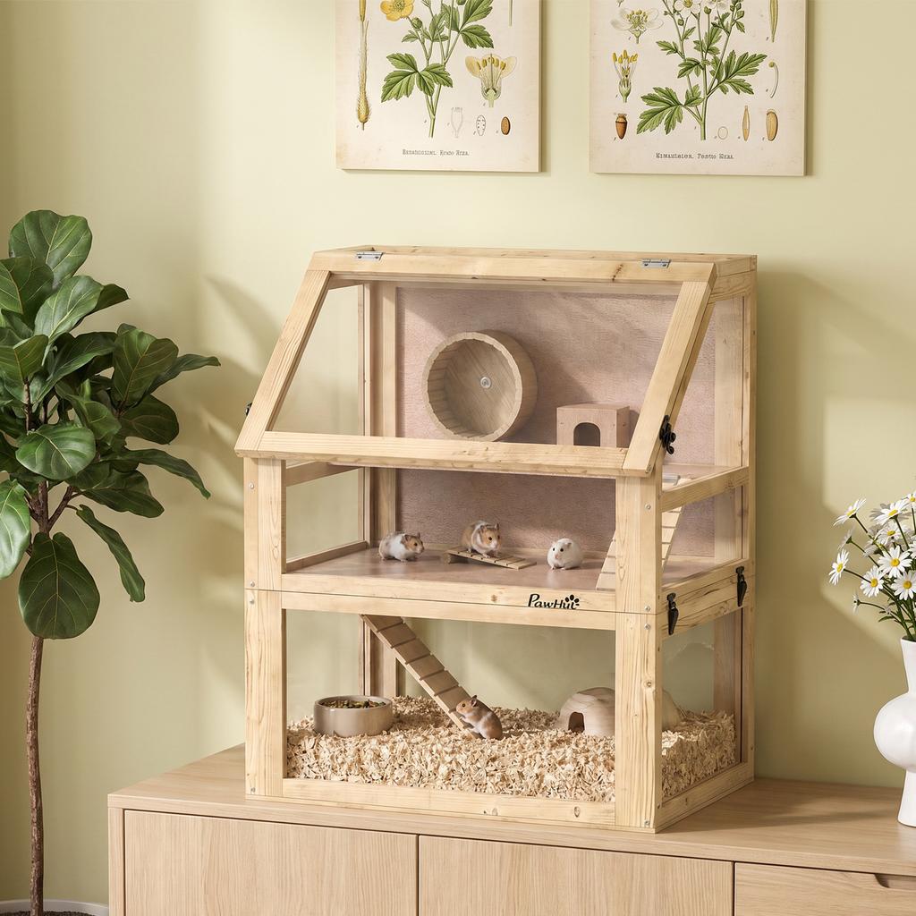 Cage Hamster Rodent 3 Levels, Removable Bottom, Hut, Swing, 60x40x75cm, Natural Wood Finish