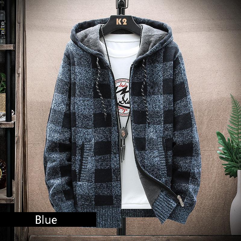 Plaid Hooded Cardigan Men Clothing V Neck Sweater Men Cardigen Retro Clothes Hip Hop Knitwear Autumn Winter
