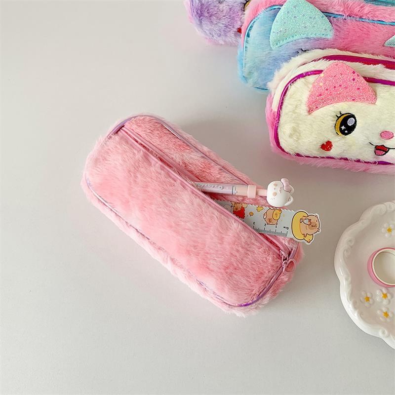 Cute Big Eyes Cat Animals Plush Pencil Cases Large Capacity Cosmetic Bags Portable Travel Storage Bag Student Stationery Gifts