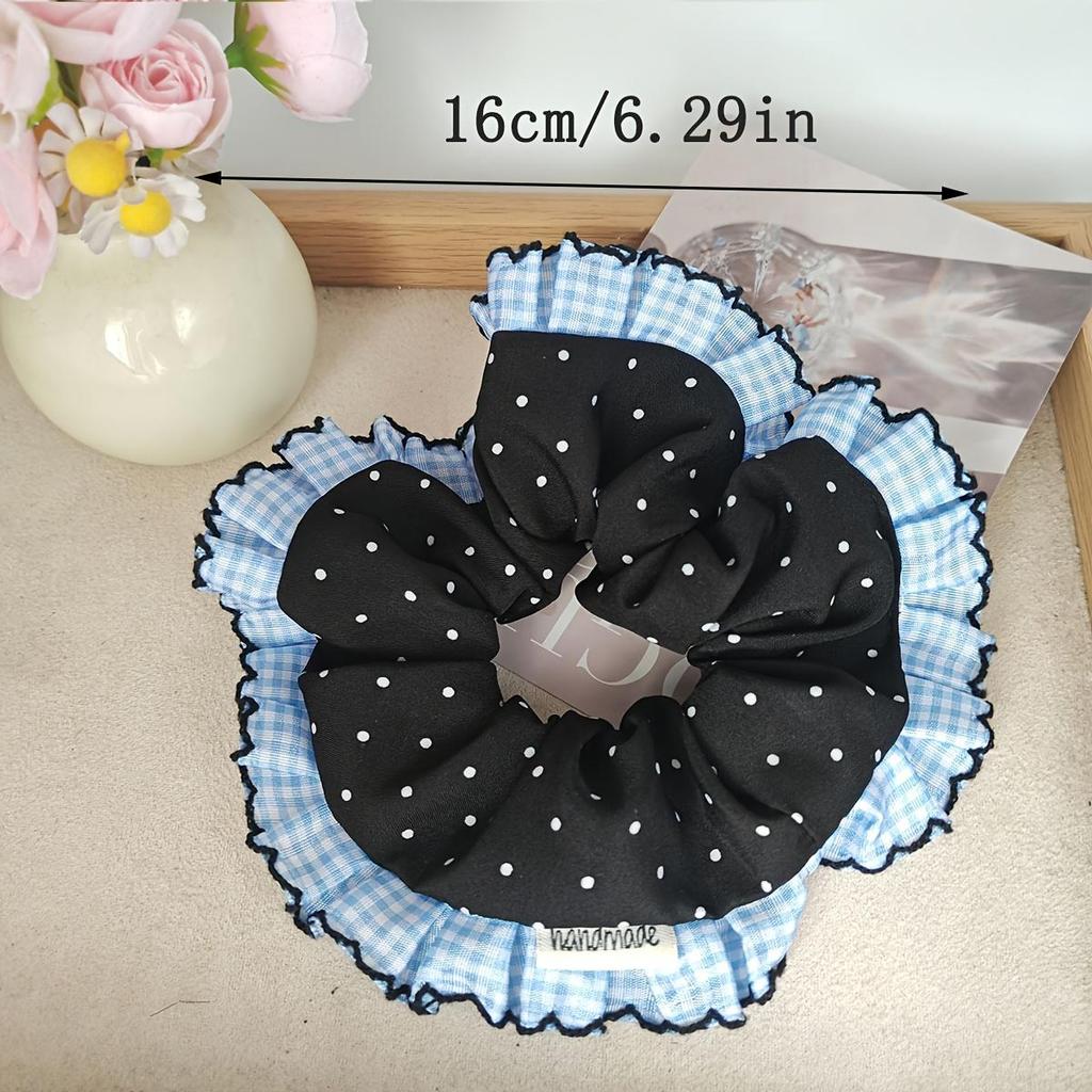 Elegant Blue & White Polka Dot Scrunchie with Lace Trim Sweet Style Fabric Hair Tie, Printed Design, Perfect for Stylish Hair Accessory