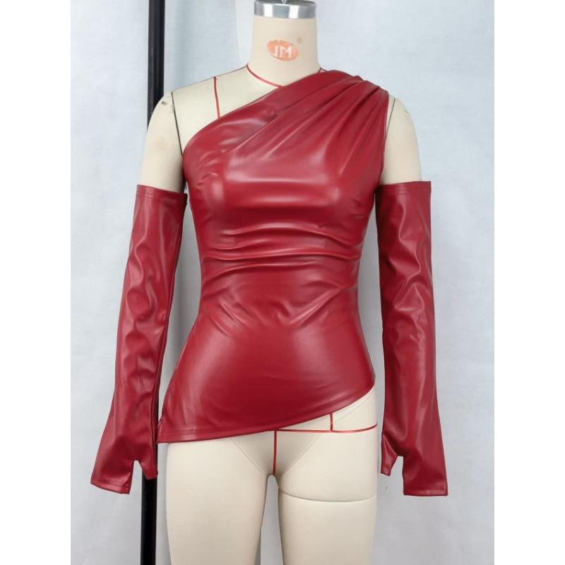Women's Clothing Sexy Slanted Collar Off-Shoulder Irregular PU Leather Vest Women's Top Sleeve Cover