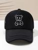 Unisex Black Mesh Trucker Hat With White Line Bear Design Casual Adjustable Baseball Cap