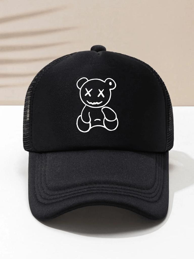 Unisex Black Mesh Trucker Hat With White Line Bear Design Casual Adjustable Baseball Cap