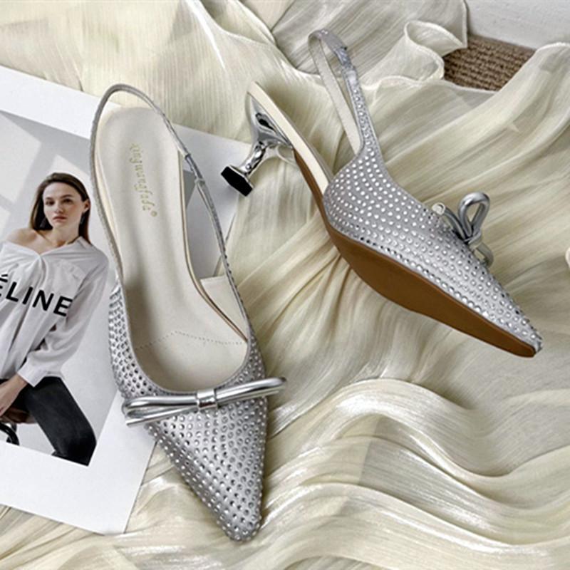 Fashion Sexy Pointed Toe Bow Back Strap Pumps Women Luxury Bling Rhinestone Branded Designer Shoes Elegant Banquet Wedding Bridal Shoes