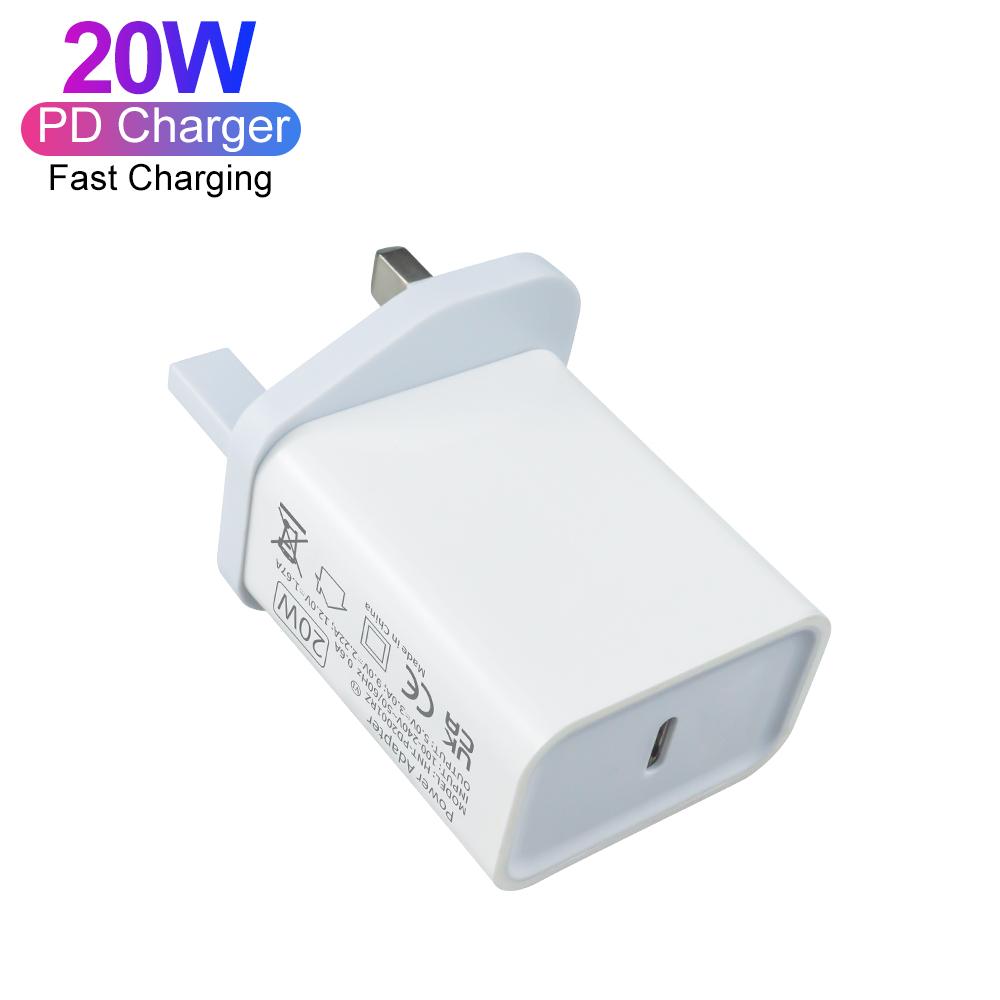 PD 20W Wall Power Adapter Charger Single USB Port Type C Smart Fast Charging Smart Phones ABS UK Plug UKCA