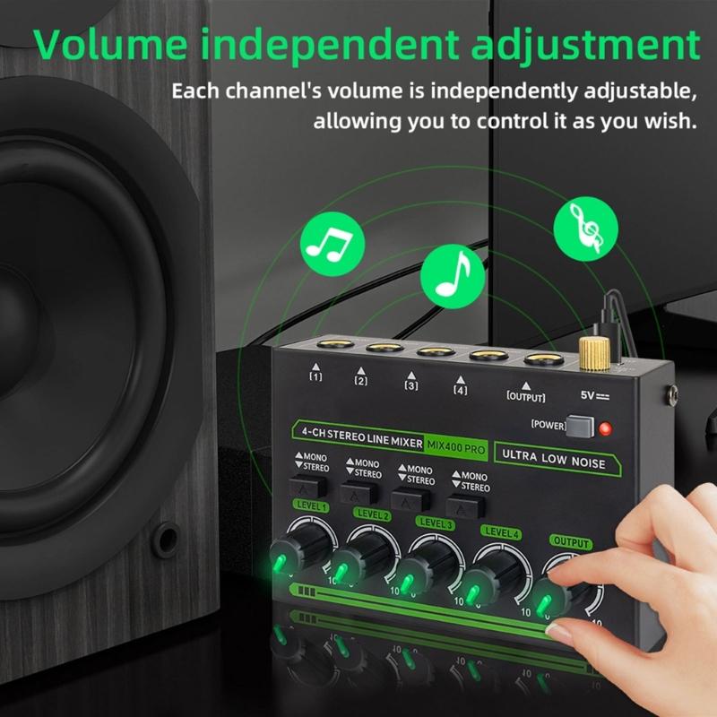 Low Noise 4 Channel Line Mixer for Mixing 4 Stereo Channel LED Mixer Adapter for Microphones Guitars Keyboards