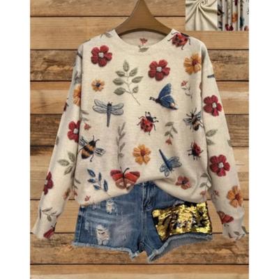 Women'S Lightweight 3D Printed Insect & Floral Sweater - Long Sleeve Crew Neck Casual Top with Vibrant Dragonfly,  Allseason Top Floral Print Top