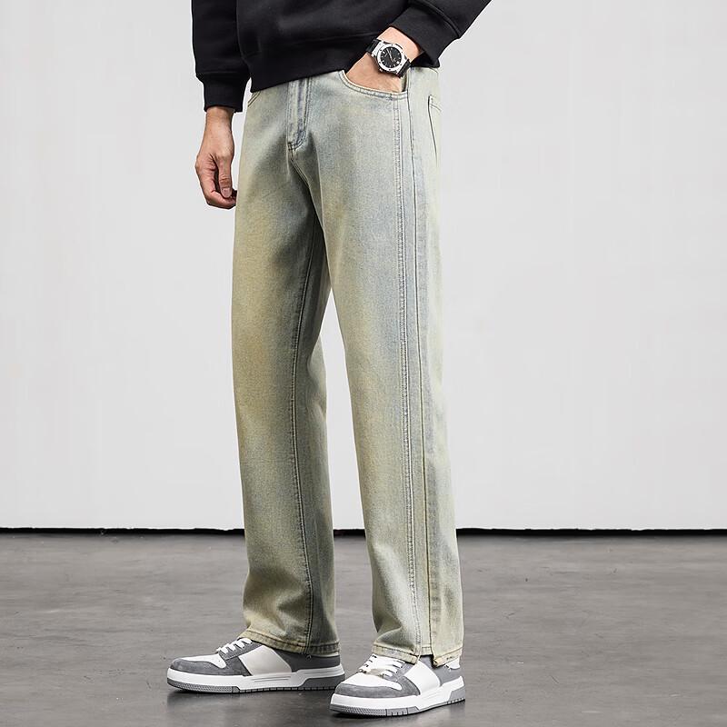 FAPAI Men's Washed Straight-Leg Cotton Jeans