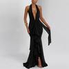 2026 European & American Mesh Patchwork Elegant V-Neck Halter Backless Hip-Hugging Maxi Dress