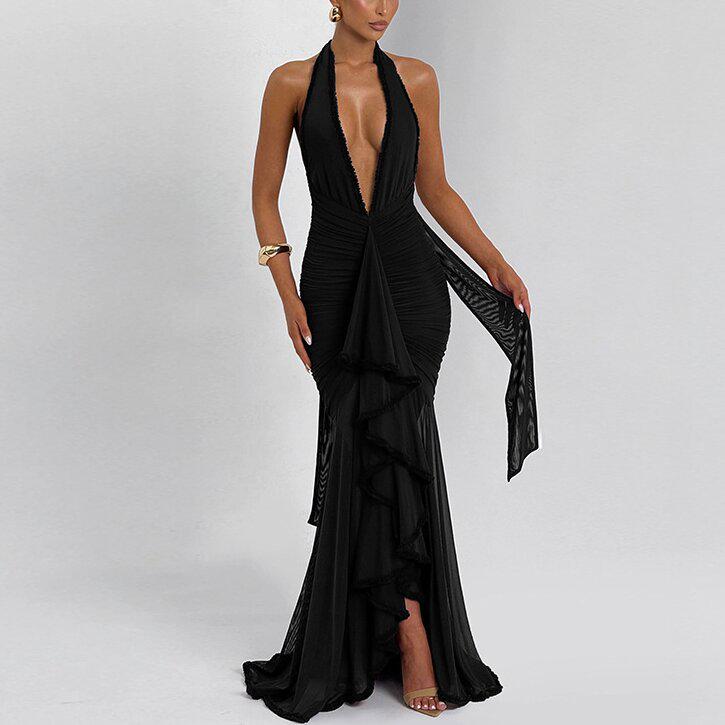 2026 European & American Mesh Patchwork Elegant V-Neck Halter Backless Hip-Hugging Maxi Dress