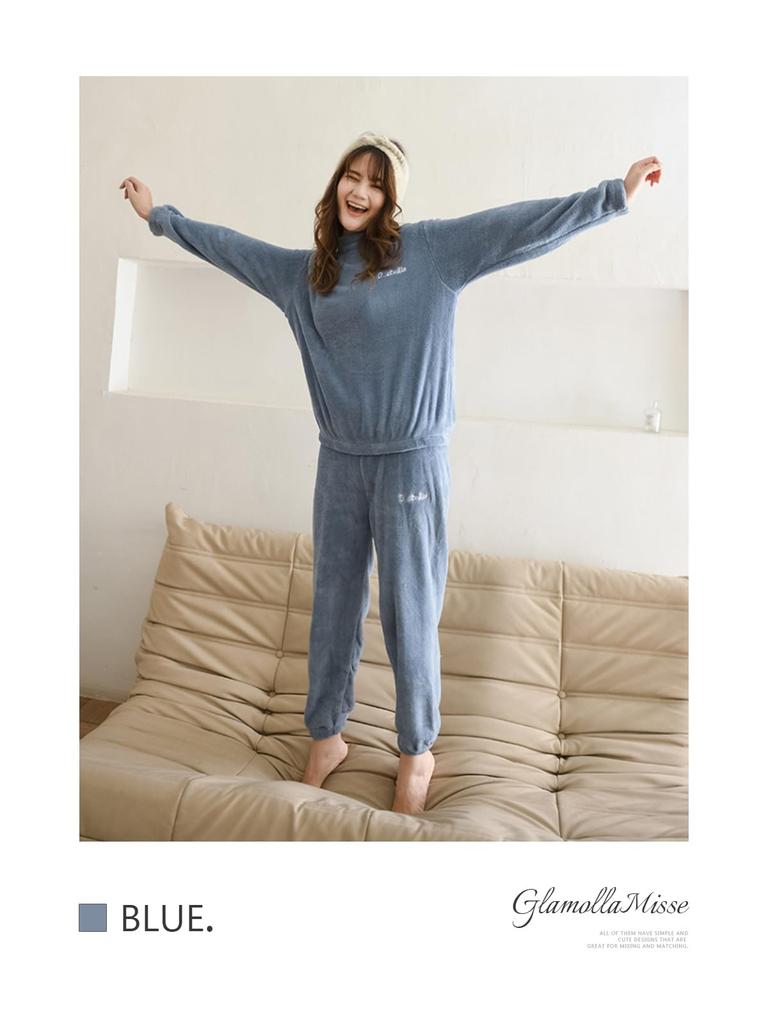 GlamollaMisse Pajama Embroidered Flannel Top with Logo Crew Long Sleeve and Long Pants with Elastic and Slimming Loungewear for and Winter Women's