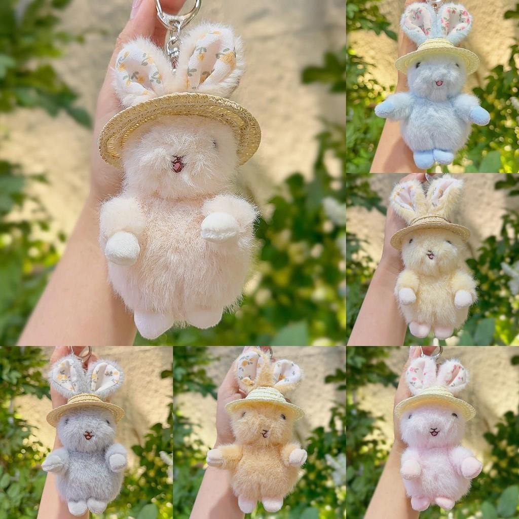 Cute Plush Rabbit Keychain With Floral Ear And Straw Hat Design For Daily Use