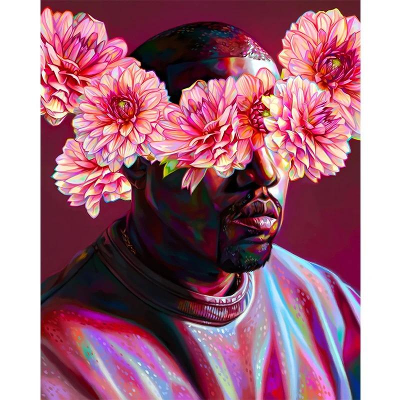 Famous Rapper Star Portrait with Flowers Canvas Painting Hip Hop Singers Abstract Art Posters Prints Wall Art Picture Home Decor