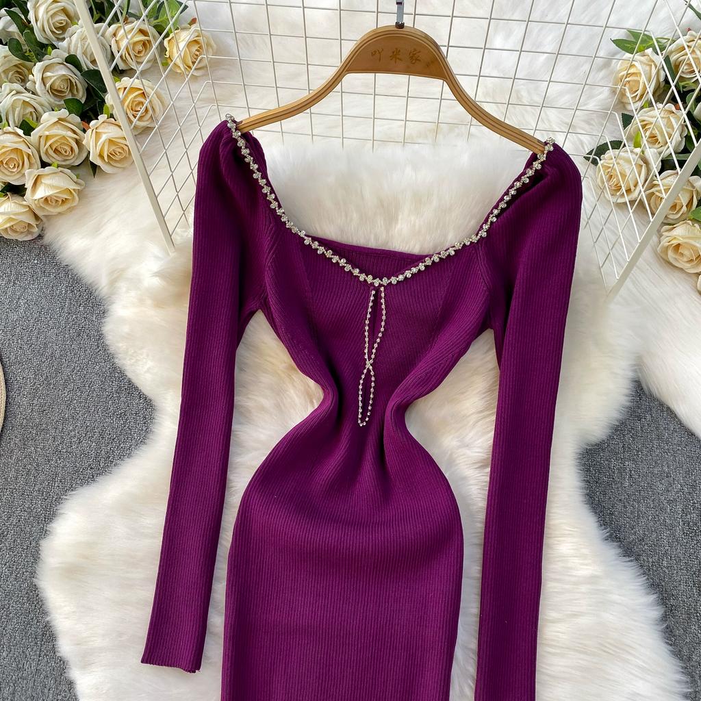 Autumn Spring Women Sexy Square Collar Luxury Beading Knitted Sweater Party Dress Long Midi Sheath Bodycon Sheath Dresses