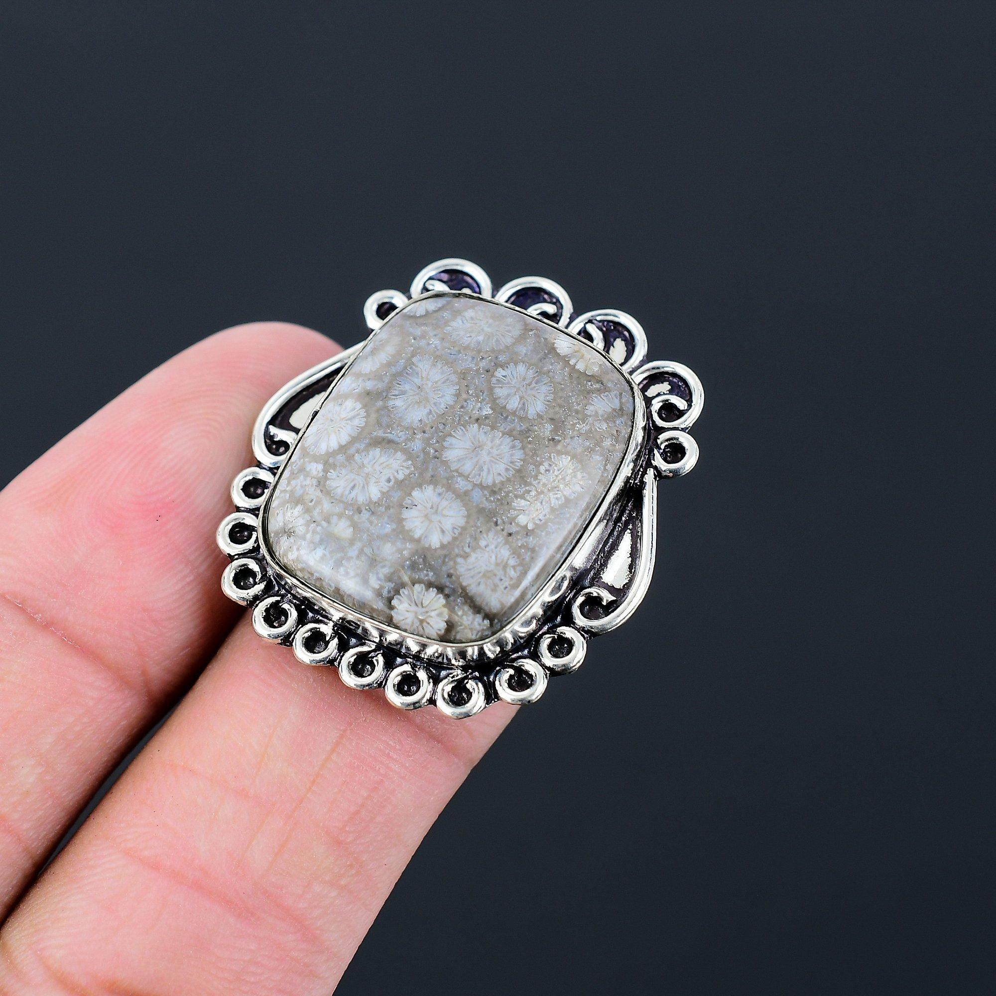 Sisters Day Sale Fossil Coral Stone 925 Sterling Silver Stackable Ring US 7.5 7.5