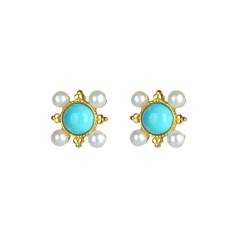 Αρχαία χρυσή χειροτεχνία ένθετα σκουλαρίκια με τυρκουάζ και μαργαριτάρι για γυναίκες λουλούδια Σκουλαρίκια καρφάκια μόδα εξαίσια γαμήλια κοσμήματα