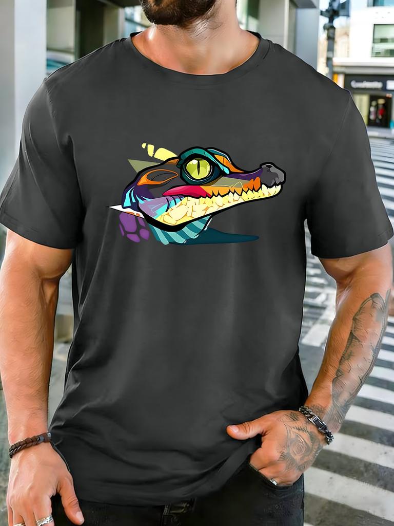 Unisex Vibrant Crocodile Graphic Cotton Short Sleeve Tee Crew Neck Loose Male Summer Street Animal Print Soft Casual Breathable Top