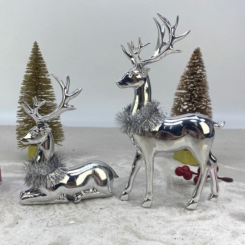 2 Pcs Silver Animal Reindeer Sculpture Set Premium Resin Art Deco Figurines for Office & Living Room Christmas Decoration