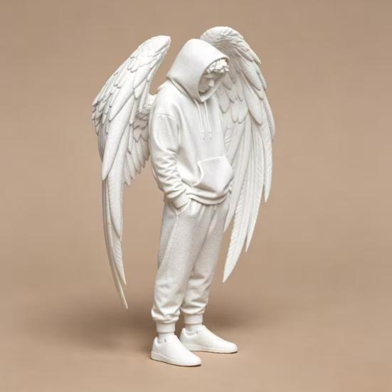 PLA Angel Decor 3D Printed Figurine, Winged Man Decorative Statue, Hoodies Desk Decoration Boys Sculpture for Home Office Shelf