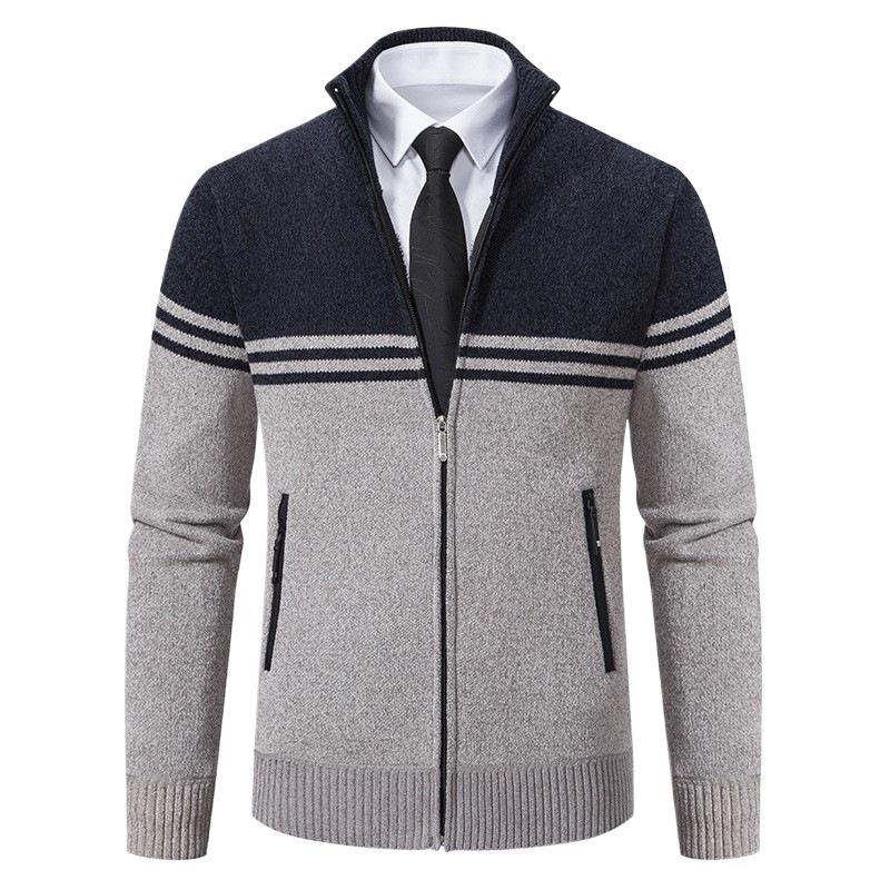 Men's Autumn and Winter Sweater Thick Fleece Warm Sweater Casual Stand Collar Zipper Cardigan Fashion Striped Coat