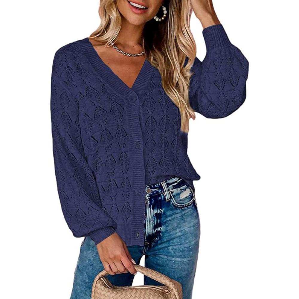 Dámský lehký háčkovaný zkrácený kardigan 2025 s výstřihem do V, dlouhým rukávem a bolerkem na knoflíky