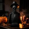 Desktop Ornament for Dark Style Decor Gothic Halloween Skull Sculpture with Top Hat And Cape, Spooky Resin Creepy Statue Holiday Skeleton Figurine LED