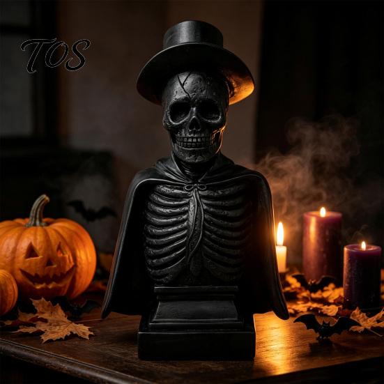 Desktop Ornament for Dark Style Decor Gothic Halloween Skull Sculpture with Top Hat And Cape, Spooky Resin Creepy Statue Holiday Skeleton Figurine LED